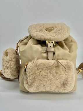 Prada Re-Nylon Shearling Backpack Beige With Pouch